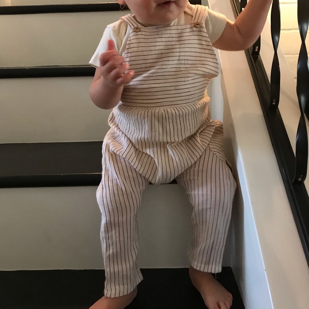 Zara baby 9 month linen overalls red stripe